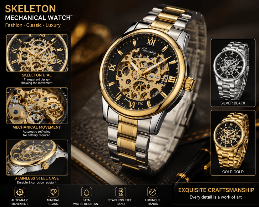 FORSINING Menβs Skeleton Automatic Mechanical Watch β Stainless Steel
