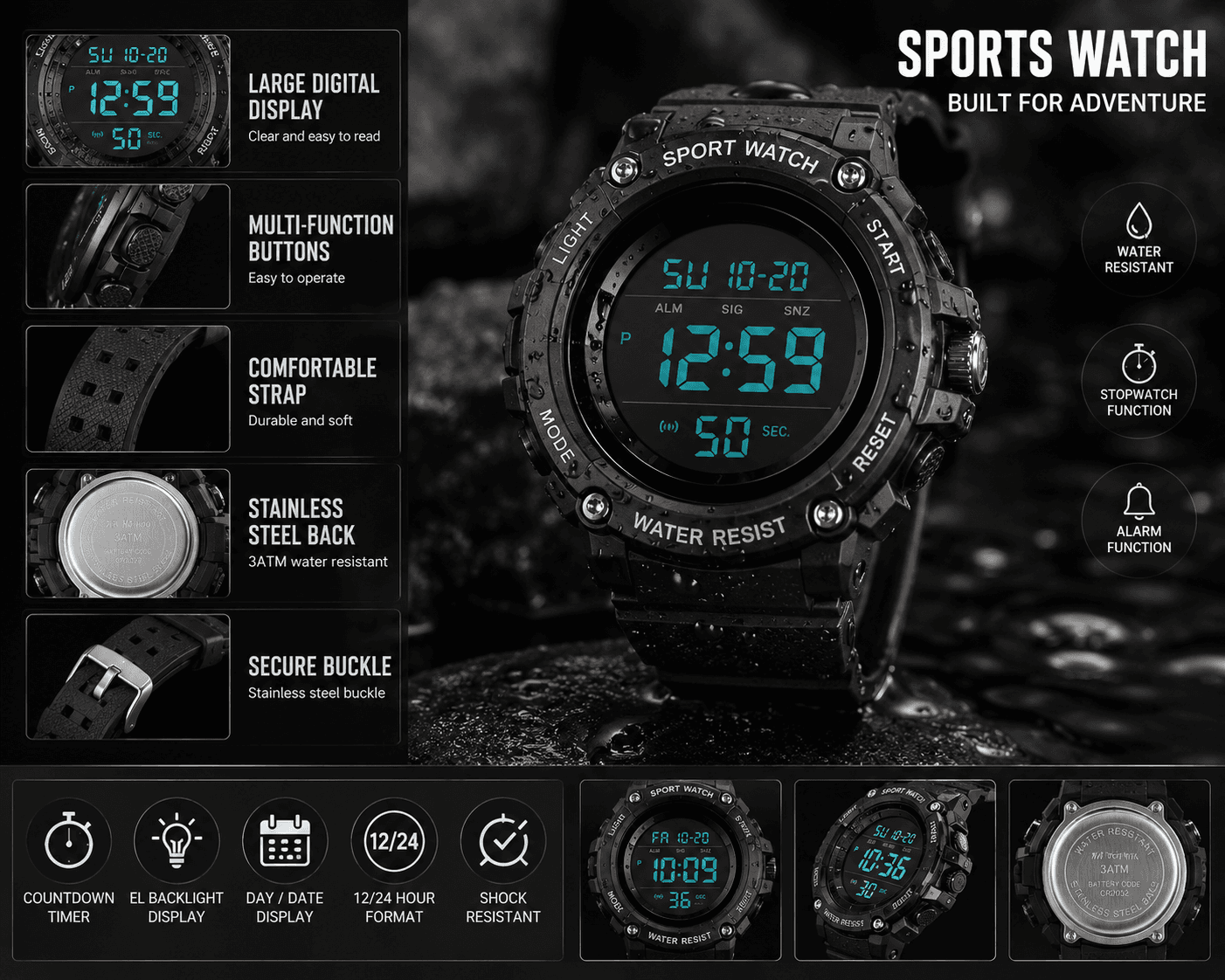 Men’s Digital Sports Watch – 3ATM Water Resistant