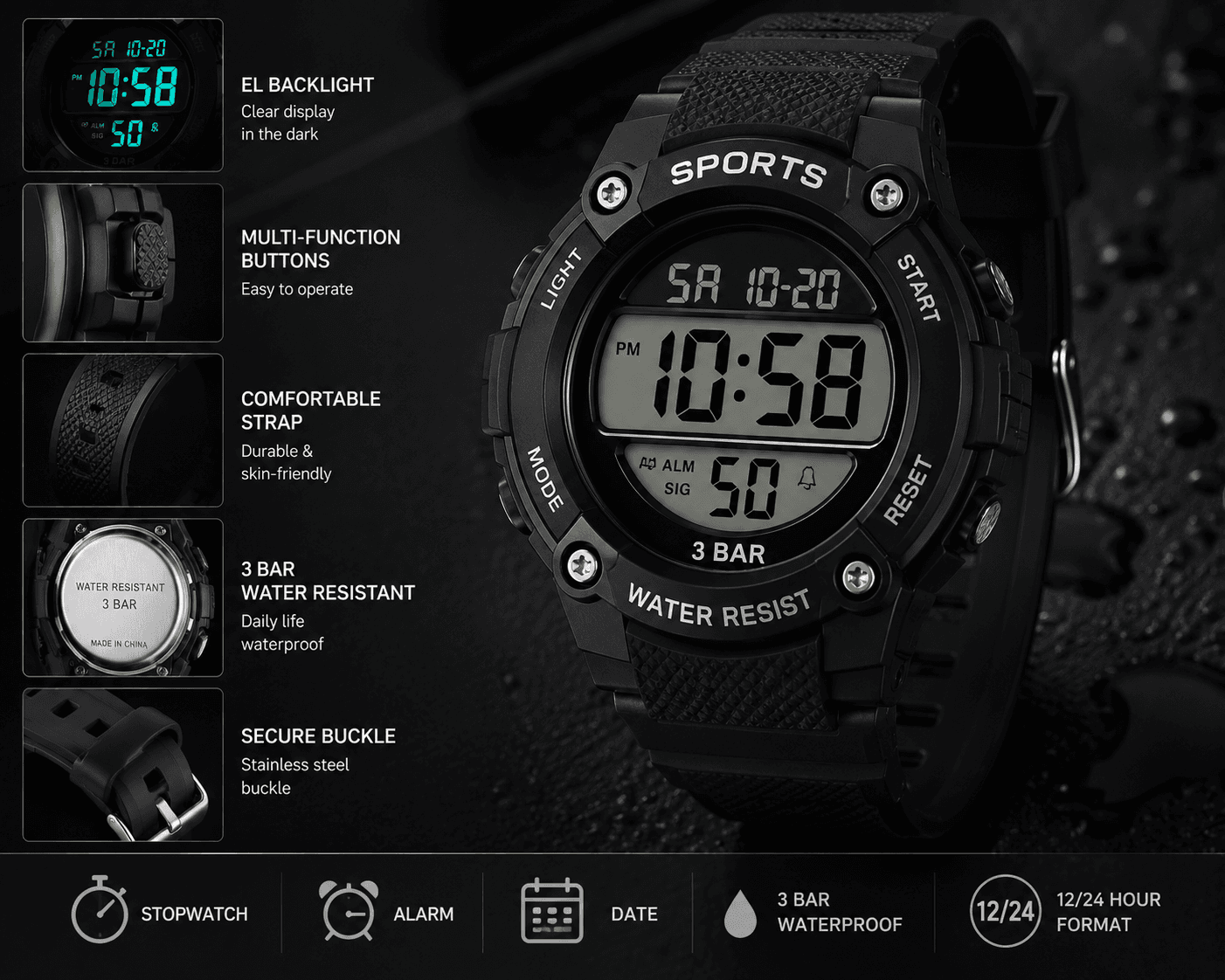 Men’s Digital Sports Watch – 3 BAR Water Resistant