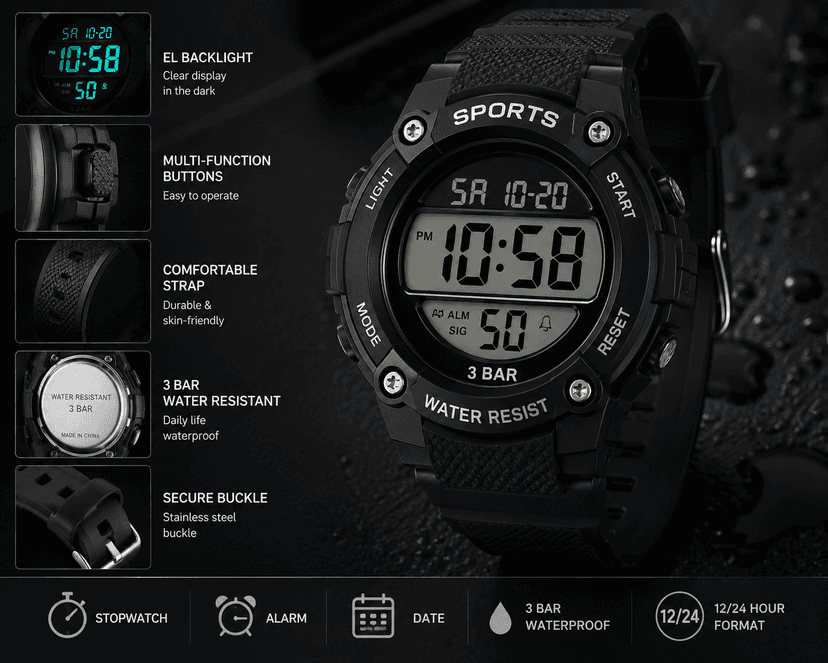 Menβs Digital Sports Watch β 3 BAR Water Resistant